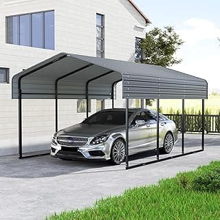 Real Relax 10X15 FT Metal Carport, Heavy Duty Carport Canopy with Galvanized Steel Roof, Outdoor Garage Car Shelter Shade for Car, Truck and Boats, Gray