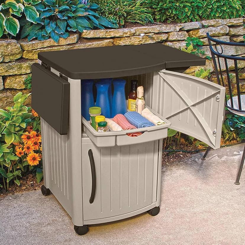 Suncast Outdoor Patio Grill Prep Station Cart with 2 Storage Cabinets, Light Taupe/Mocha