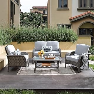 4-Piece Wicker Patio Furniture Set, All-Weather Rattan Conversation Bistro Loveseat Chair and Table Set for Backyard, Balcony and Deck with Soft Cushions and Metal Table(Gray)