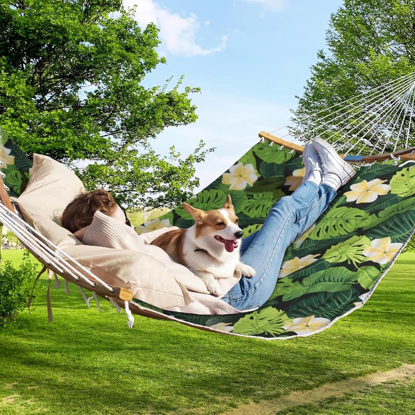 Double Hammock, 11 FT Quilted Fabric 2 Person Hammock for Outside with Pillow, Folding Curved Spreader Bar, Chains, Carrying Bag, Indoor Outdoor, 450 IB Capacity, GreenLeaves