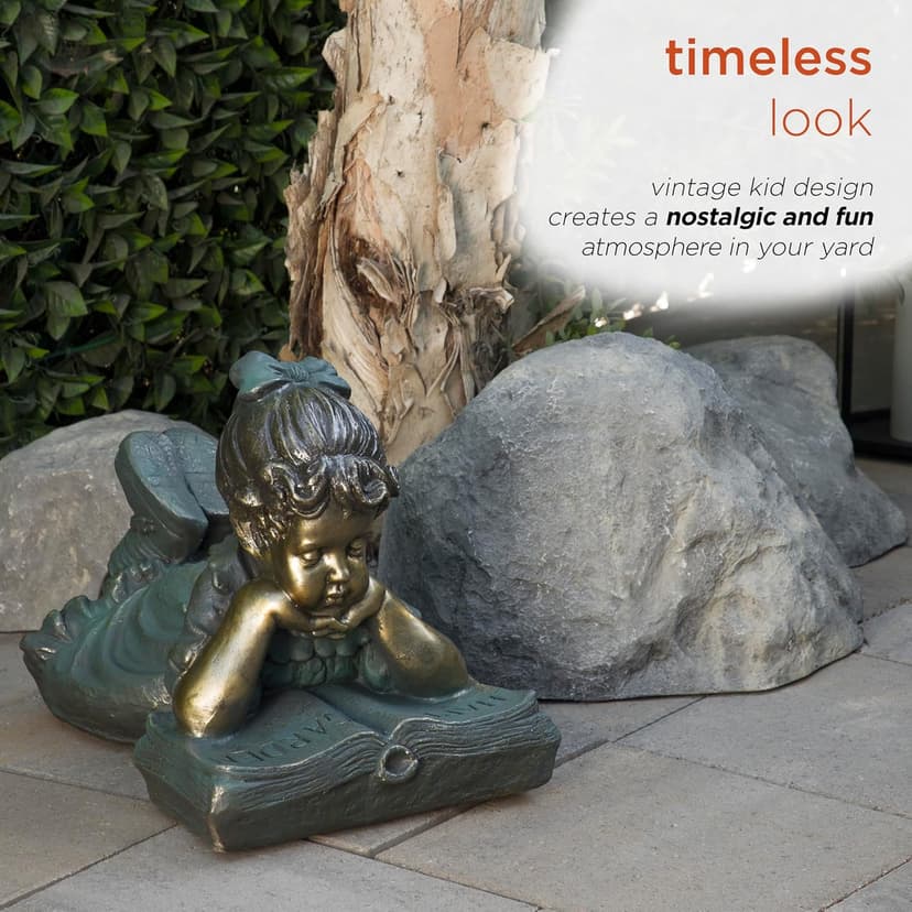 Alpine Corporation 16" Tall Indoor/Outdoor Girl Laying Down Reading Book Statue Set Yard Art Decoration