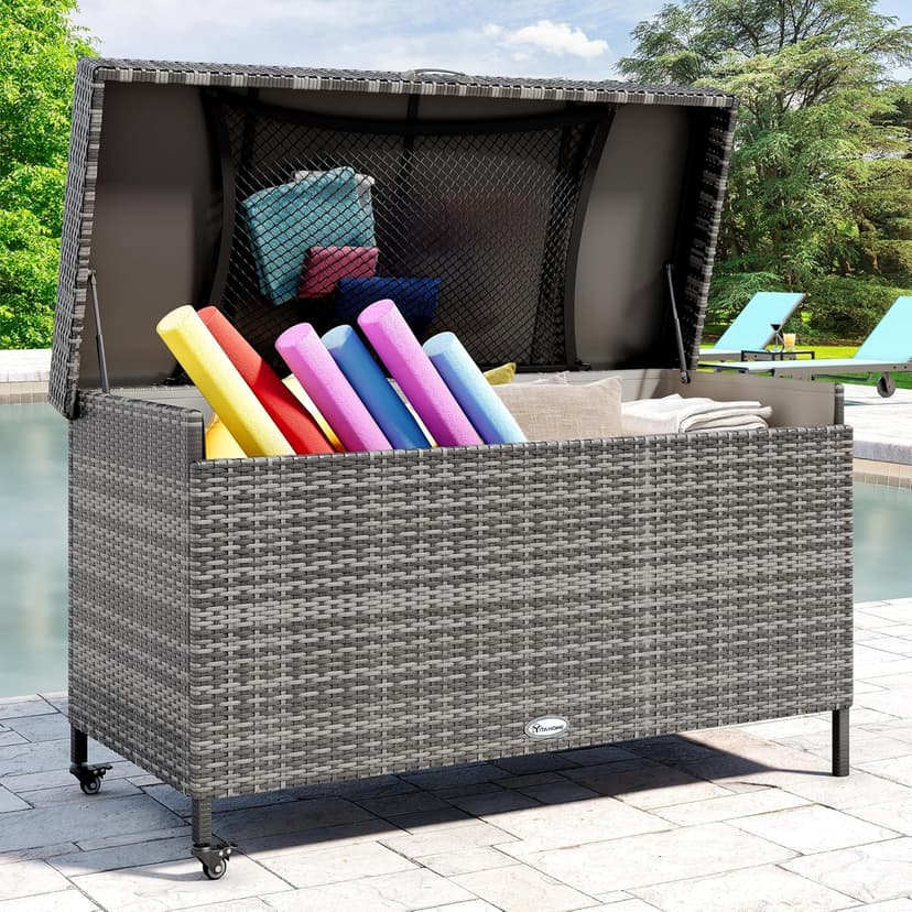 YITAHOME 200 Gallon Large Wicker Deck Box w/Storage Net, Rattan XL Outdoor Storage Box Patio Cushion Storage, Waterproof Storage Box for Patio Furniture, Garden Tools, Pool Sports Equipment (Grey)