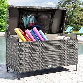 YITAHOME 200 Gallon Large Wicker Deck Box w/Storage Net, Rattan XL Outdoor Storage Box Patio Cushion Storage, Waterproof Storage Box for Patio Furniture, Garden Tools, Pool Sports Equipment (Grey)
