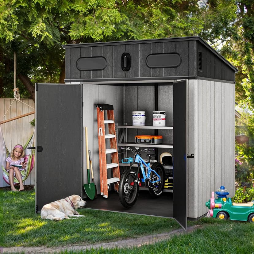 YITAHOME 6x6 FT Outdoor Storage Shed, All-Weather Resin Garden Shed with Windows, Vents and Lockable Double Doors for Garden Tools, Bikes, and Sundries, Waterproof, Gray