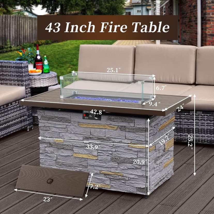 43" Propane Fire Pit Table Outdoor Rectangular Stone Firepit Table 50000 Btu Propane Fire Tables for Outside Patio with Glass Wind Guard, Lid, Fire Glass Beads, Pizzello Caldo (Gray Stone)