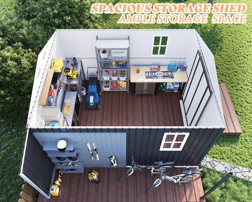 AMERLIFE 10.6x10.3x6.3 FT Outdoor Storage Shed with Sliding Doors Two 4-Pane Windows, Open Outdoor Shed for Wood Storage, Dark Grey/White