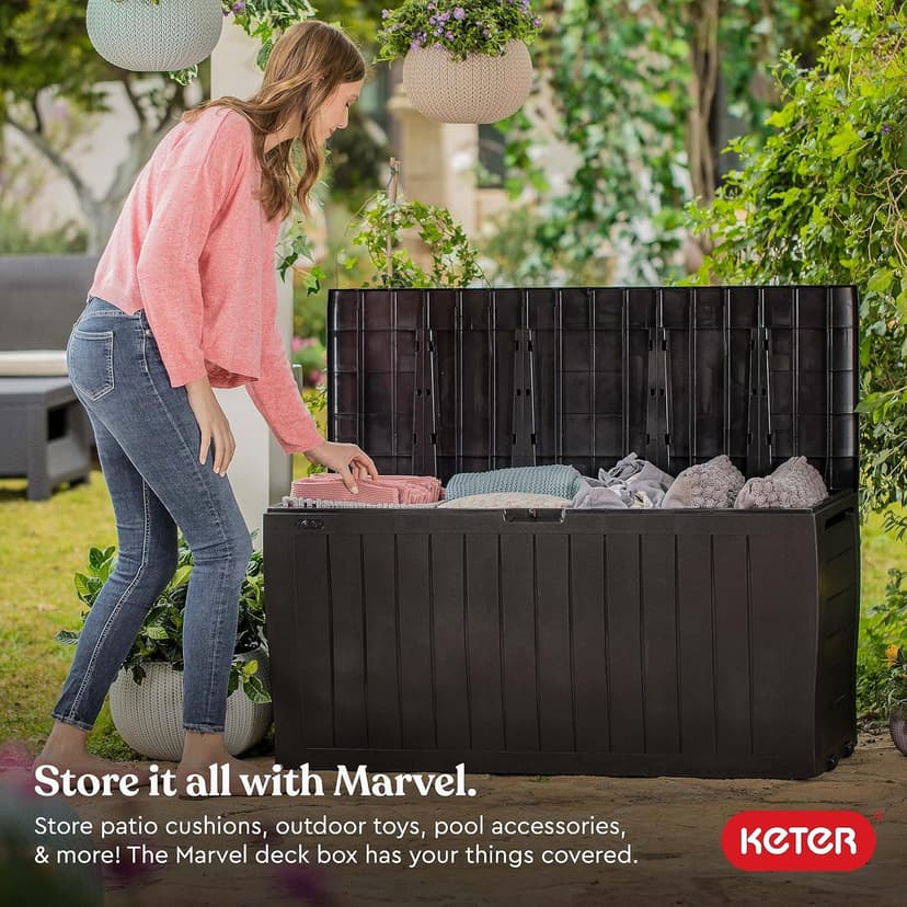 Keter Marvel Plus 71 Gallon Resin Outdoor Storage Box for Patio Storage Box Cushions, Throw Pillows, Garden Tools and Pool Floats, Brown