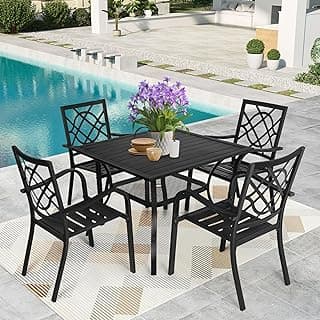 SUNCROWN 5-Piece Outdoor Wrought Iron Chairs and Table Patio Dining Furniture Set - 4 Stackable Metal Chairs, 1 Steel Slat Bistro Table for Garden Backyard Deck