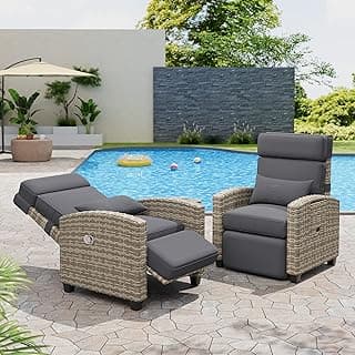 GAOMON Outdoor Recliner Chair, Reclining Patio Chairs with Adjustable Backrest and Footrest, Rattan Recliner Chairs up to 150°Lay Flat, Wicker Chair with Flip-Up Table and Removable Cushion, 1PCS