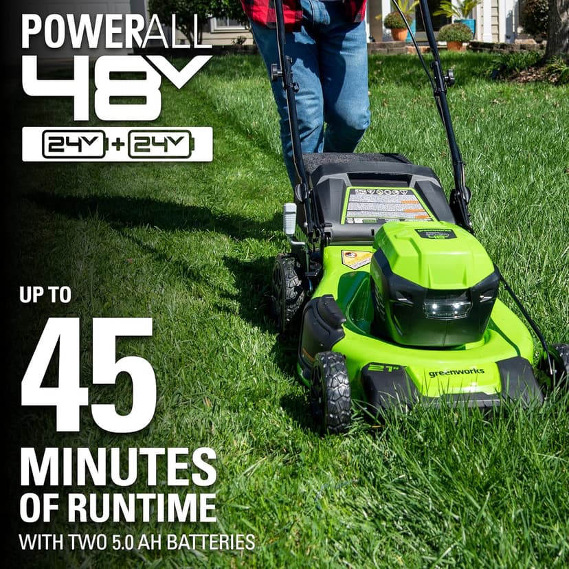 Greenworks 48V (2 x 24V) 21" Brushless Cordless (Self-Propelled) Lawn Mower (LED Headlight), (2) 5.0Ah Batteries and Dual Port Rapid Charger Included (125+ Compatible Tools)