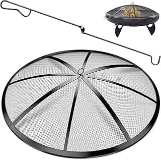 Fire Pit Spark Screen, 24Inch Fire Pit Lid Outdoor with Handle & Poker, Heavy-Duty Mesh Firepit Cove with 12 Reinforced Bars for Backyard/Beach/RV Camping