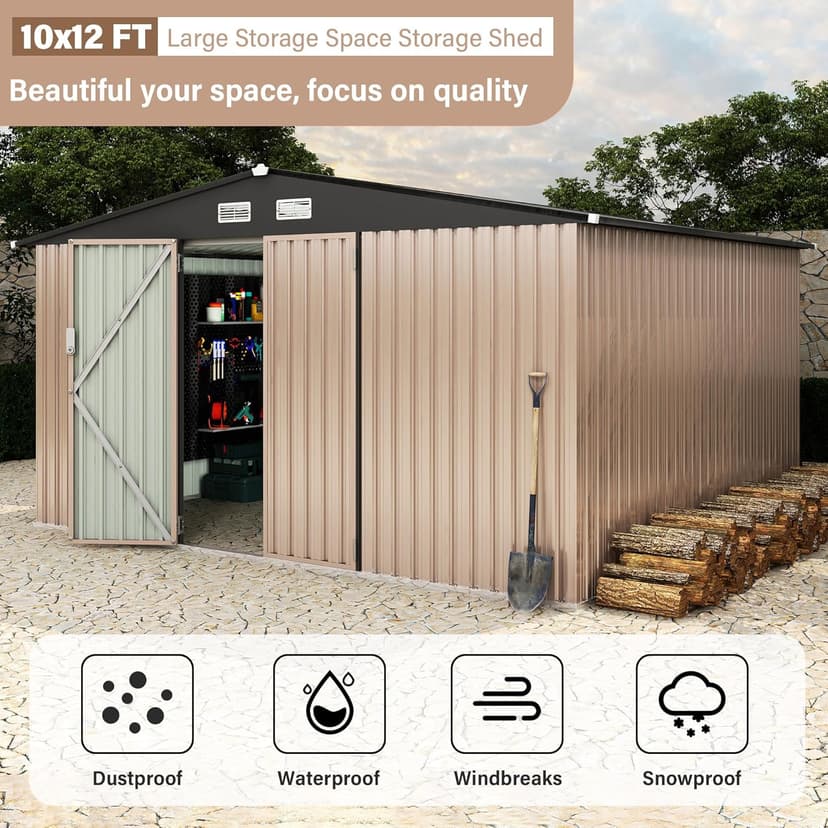 10x12 FT Metal Storage Sheds Outdoor, Metal Yard Sheds Garden Shed Kit, Tool Shed with Lockable Door, Utility Sheds Buildings with Air Vent for Backyard Garden Patio Lawn