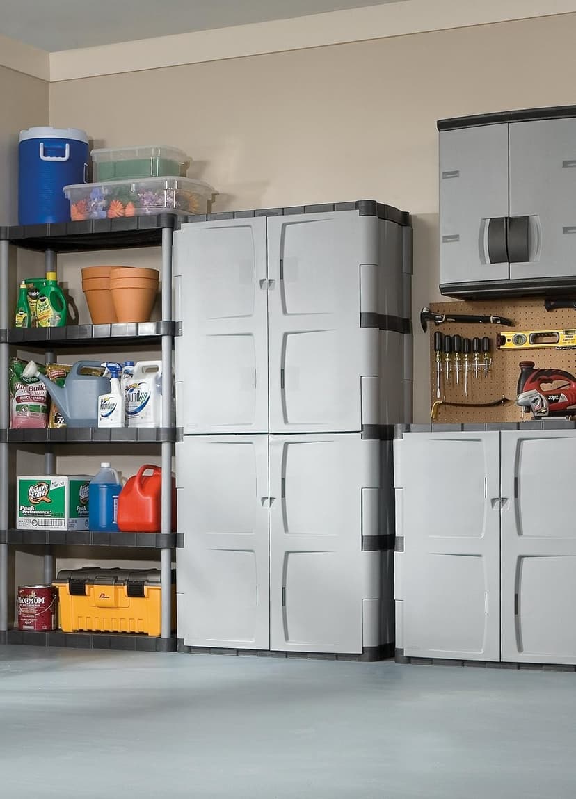 Rubbermaid Freestanding Storage Cabinet, Five Shelf with Double Doors, Lockable, Large, 690-Pound Capacity, Gray, For Garage/Outdoor, Garden Tools/Toys/Power Tools/Pool Accessories, Grey