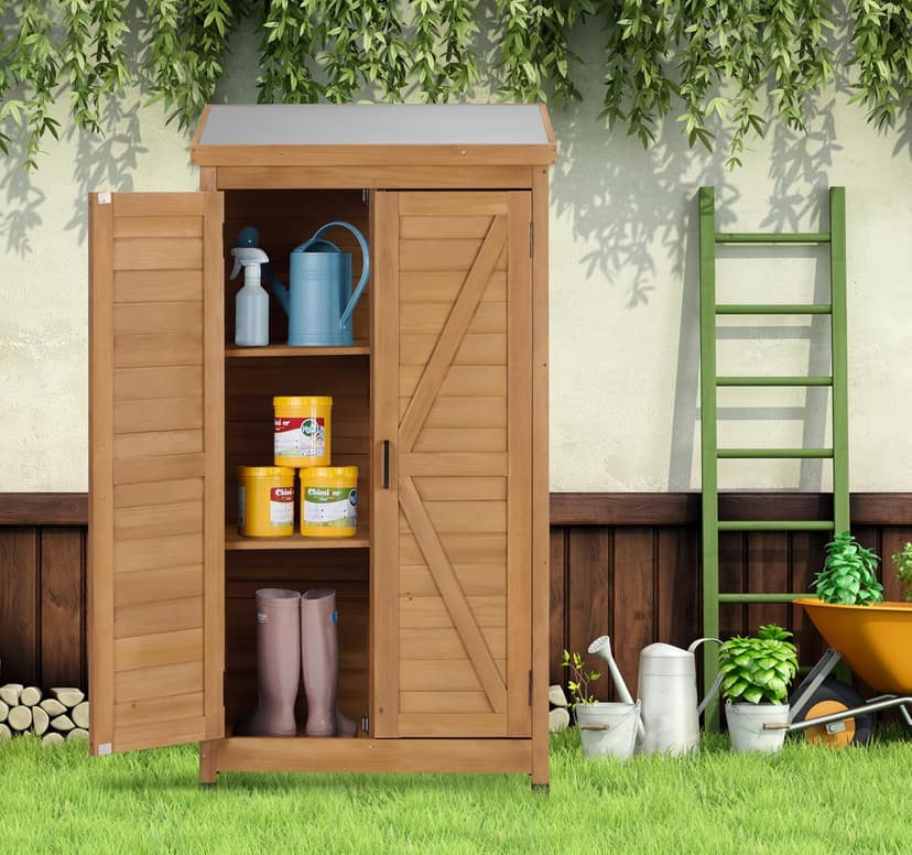 58''x30''x18'' Outdoor Wooden Storage Shed with Metal Top Tall Vertical Tool Cabinet for Backyard Garden Patio Lawn (Gold)