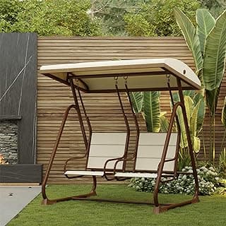 EAST OAK 2-Person Outdoor Patio Swing Chair with Adjustable Canopy, Porch Swing with Comfortable and Breathable Seats, Independent Swing Chairs for Garden, Balcony, Backyard, Chestnut Brown