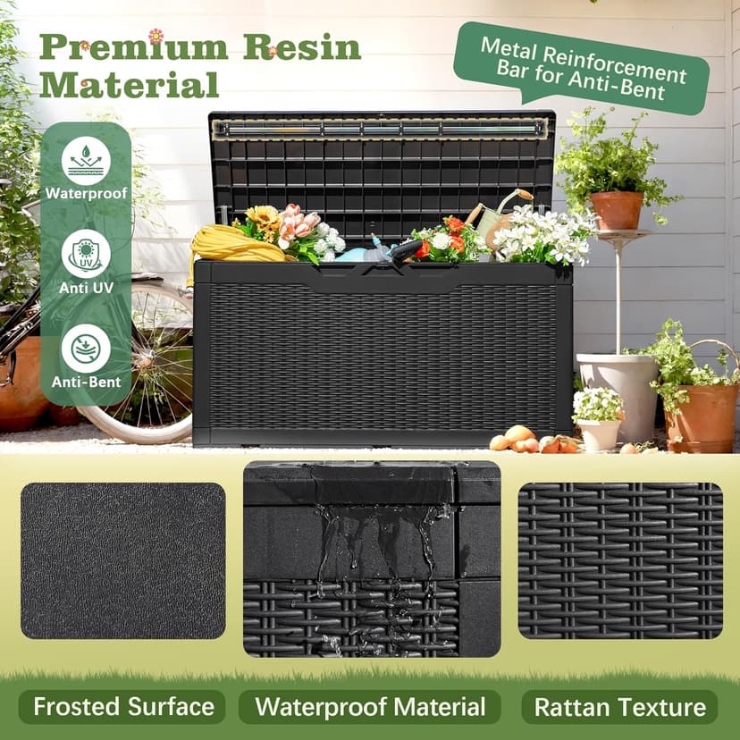 Flamaker Outdoor Storage Box 100 Gallon Waterproof Resin Deck Box Delivery Box with Air Rod Indoor Outdoor Lockable Storage Bench for Patio Cushions, Tools, Pool Accessories (Black)