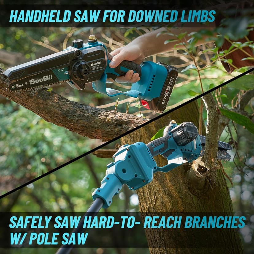 Seesii PS600 2-in-1 Electric Pole Saws for Tree Trimming, 6 Inch Mini Chainsaw Cordless with Extension Pole, Battery Powered Pole Chain Saw, Tree Trimmer Limb Branch Cutter Pruner with 2 Battery