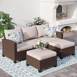 Outdoor Patio Furniture Set, 5-Seat L-Shaped Patio Couch Set with 2 Ottomans, Durable Rattan Outdoor Sofa Set for Small Patios, Modular Outdoor Couch Set for All-Weather Use, Beige
