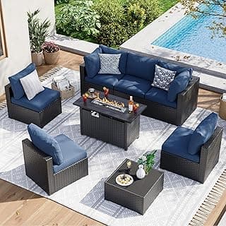 Aoxun 8 Piece Patio Furniture Set with 44” Fire Pit Table Wicker Rattan Patio Sectional Sofa Set Outdoor Seating Furniture with Thickened Cushion, Navy