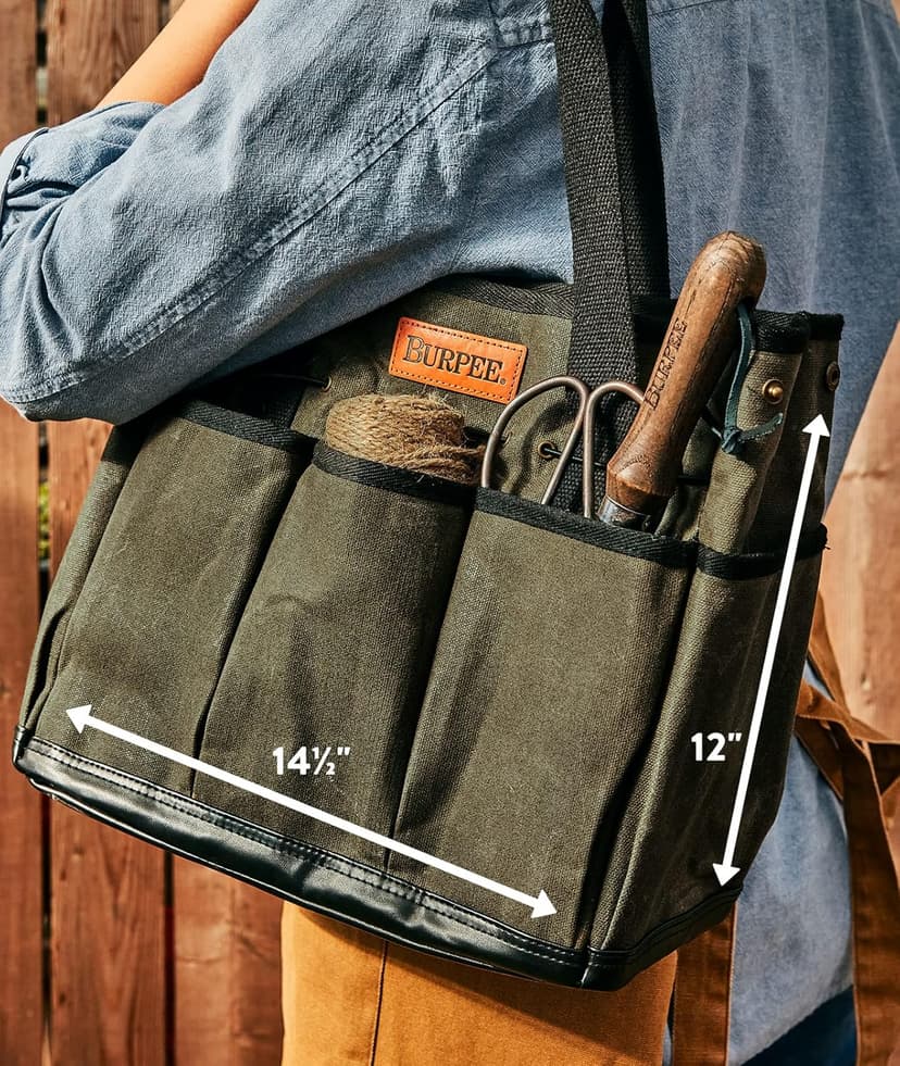 Burpee Waxed Canvas Garden Tool Tote | Heavy-Duty Tote Bag Storage Organizer for Gardening Tools | Great Gift for Gardeners | Canvas Tote Bag Caddy 8 Exterior Pockets for Tool Storage, 12" H x 14.5" W