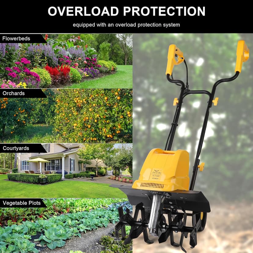 Garden Rototiller 16-Inch 13.5-Amp Corded Electric Tiller/Cultivator, Adjustable Wheels, 8-Inch Tilling Depth, Powerful and Lightweight Tiller