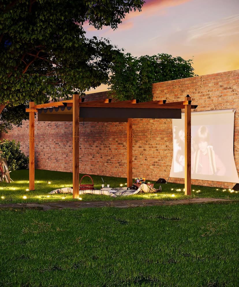 10 x 13 Ft Wood-Grain Aluminum Pergola Outdoor Pergola with Retractable Canopy Sun Shade Shelter for Garden, Patio, Backyard, Deck - Gray
