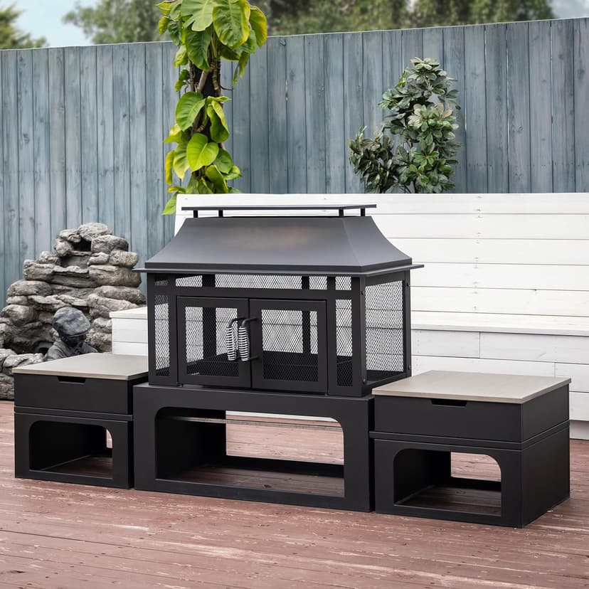 70 Inch Rectangular Outdoor Fireplace - Steel Woodburning Fireplace with Side Tables - Fire Place with Integrated Log Storage and Log Poker - Durable Fireplace for Patio Backyard