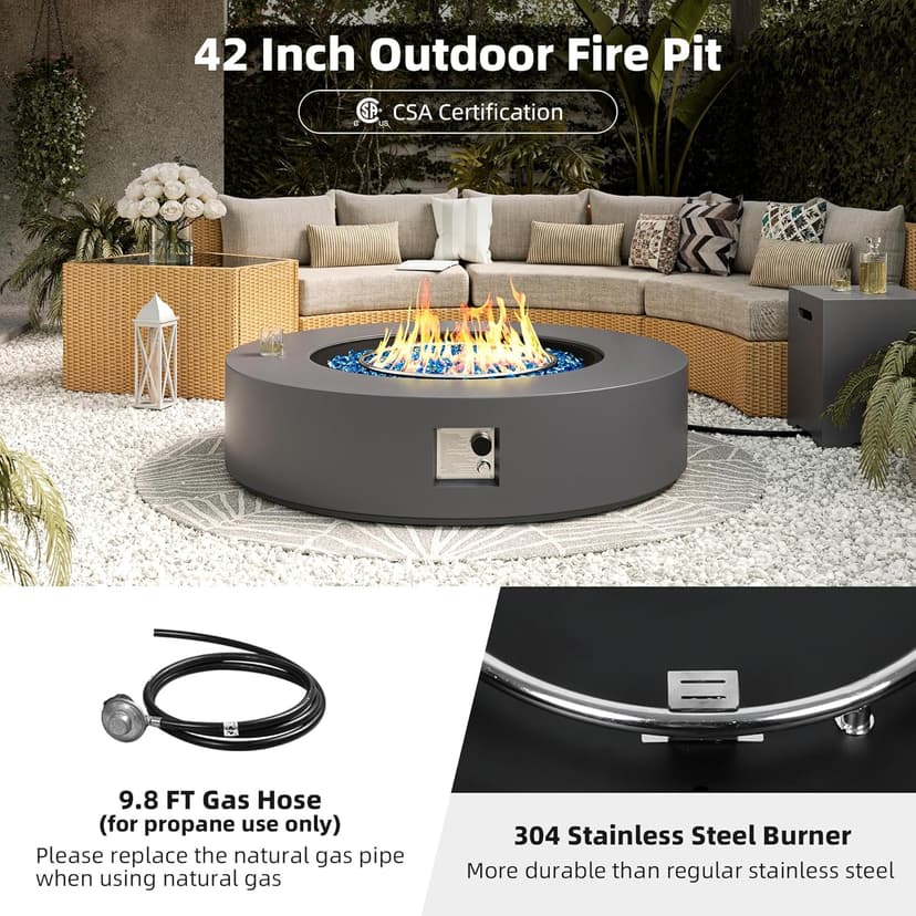 UPHA 42-inch Outdoor Propane Gas Fire Pit Table 50000 BTU Concrete Round FirePit for Outside Patio with Propane Tank Cover, Blue Glass Rocks, Rain Cover, Grey