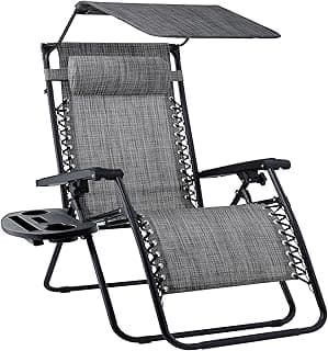 Best Choice Products Folding Zero Gravity Outdoor Recliner Patio Lounge Chair w/Adjustable Canopy Shade, Headrest, Side Accessory Tray, Textilene Mesh - Gray