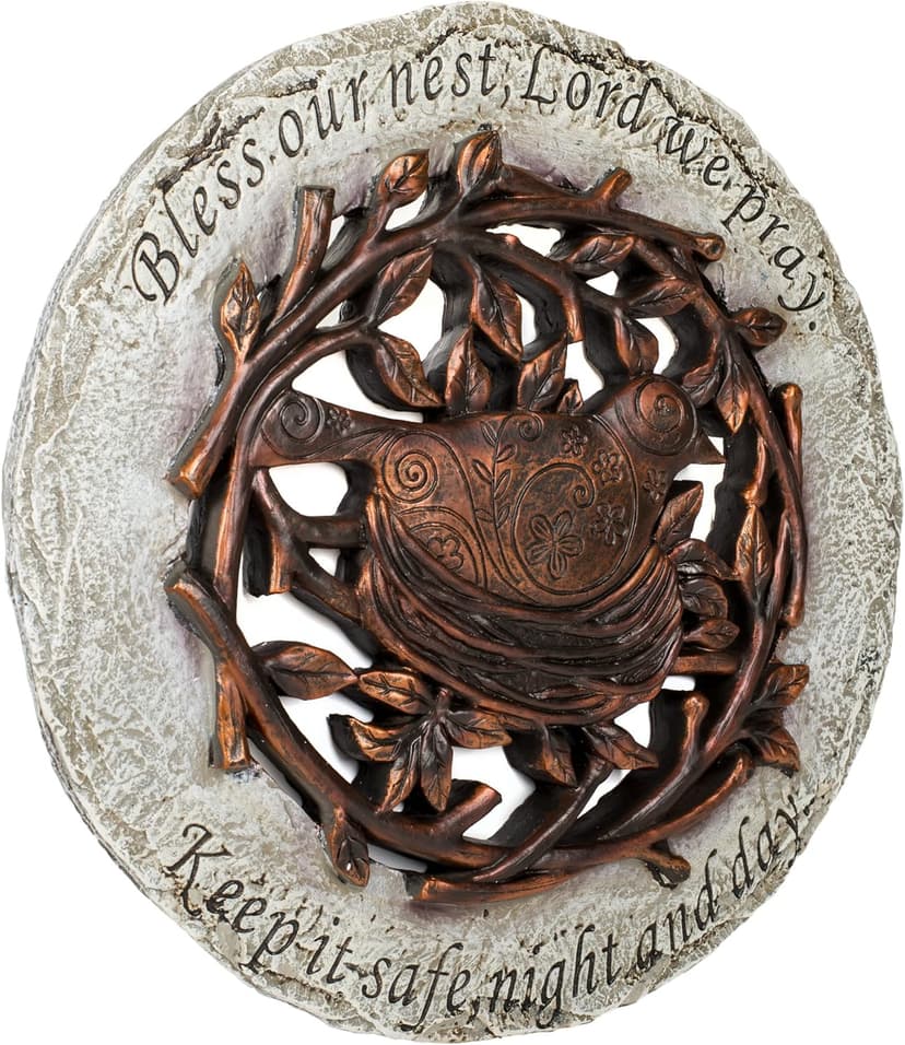 Roman Exclusive Terrace Garden Stone with a Bird in Nest and Verse, 12.2-Inch, 2-Tone Dolomite/Resin