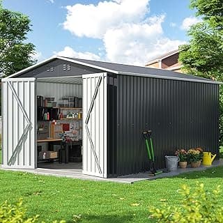 10x12 FT Outdoor Storage Shed, Metal Garden Tool Shed with Updated Frame Structure and Lockable Doors, Ideal for Garden Backyard Patio Lawn, Grey