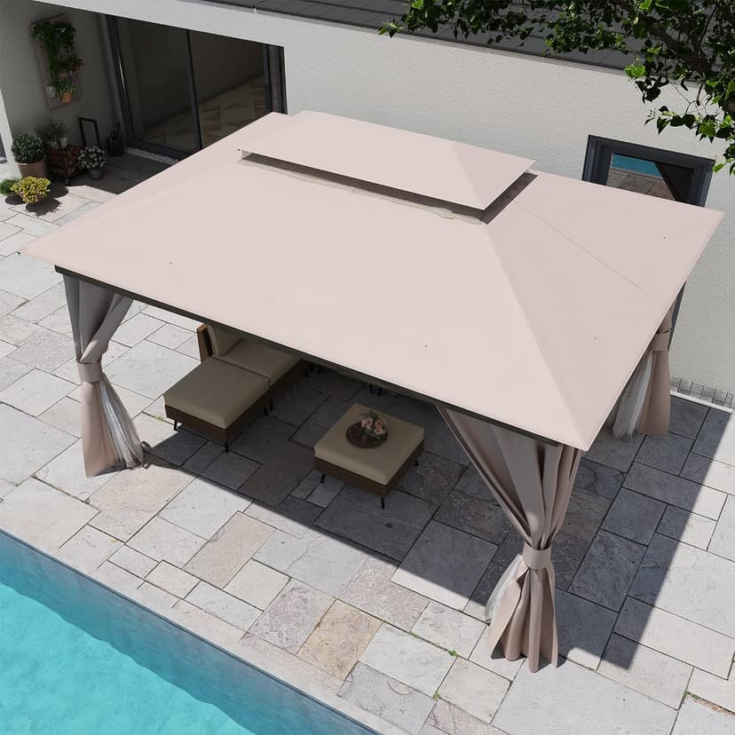 LAUSAINT HOME Outdoor Patio Gazebo 10'x13' with Expansion Bolts, Heavy Duty Gazebos Party Tent Shelter with Double Roofs, Mosquito Nets and Privacy Screens for Backyard, Garden, Lawn, Khaki