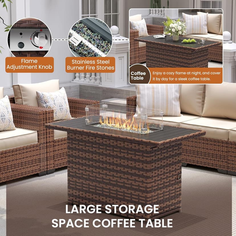 UDPATIO Patio Furniture Set with Fire Pit Table, 4 Pieces Outdoor Furniture Sets, Wicker Rattan Patio Conversation Sets with Outdoor Sofa Waterproof Covers for Porch Deck Backyard, Khaki
