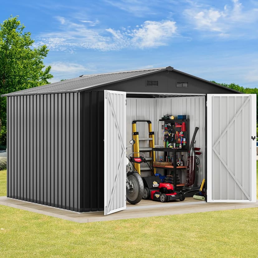 DWVO 10x8ft Metal Outdoor Storage Shed, Waterproof Tool Shed Heavy-Duty Storage Unit with Lockable Door and Vents, Ideal for Bicycles, Tools, Lawnmowers, Backyards, Patios, Lawns - Dark Gray