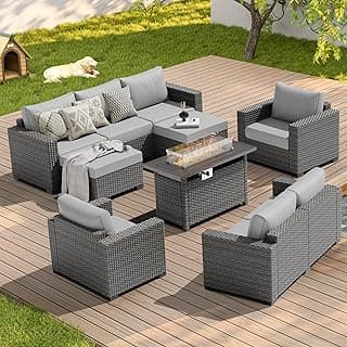Patio Furniture Set with 44'' Fire Pit Table, 7 Piece 60,000 BTU Comfortable Wicker Rattan Outdoor Furniture Set with Propane Fire Pit, Patio Conversation Set for Porch,Deck,Poolside,Grey