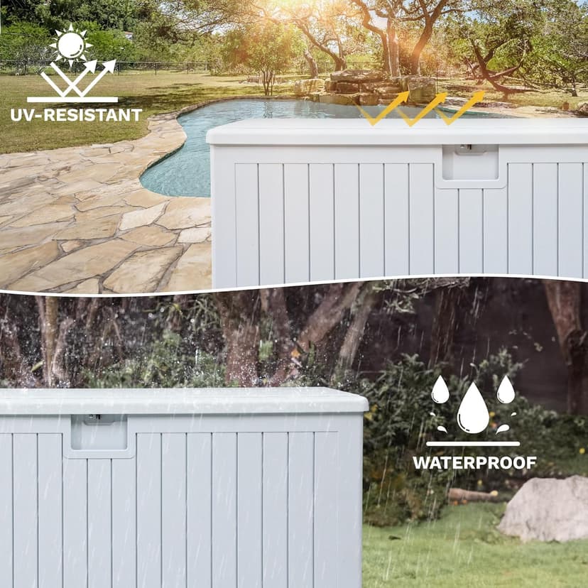 DWVO 230 Gallon Double-Wall Deck Box with Divider, XXL Extra Large Resin Outdoor Storage Box, Lockable & Waterproof, Double as Seating, 1000lbs Capacity (Grayish-White)