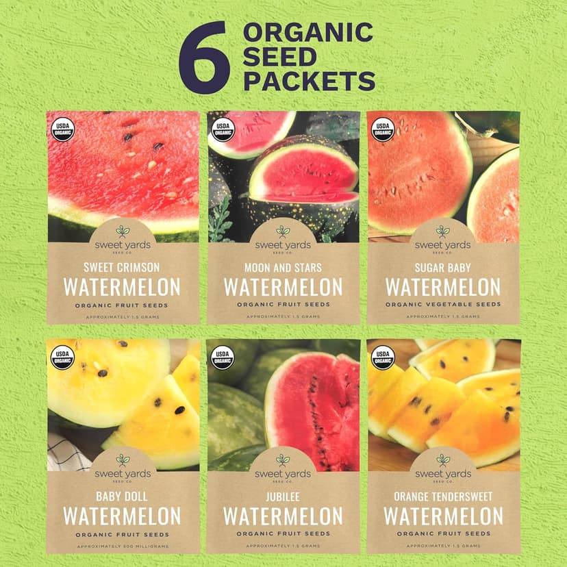 Organic Watermelon Seeds Variety Pack - 6 Individual Packs - 2025 Season - Sugar Baby, Orange Tendersweet, Jubilee and More! for Indoor & Outdoor Planting (Non-GMO, Certified Organic)