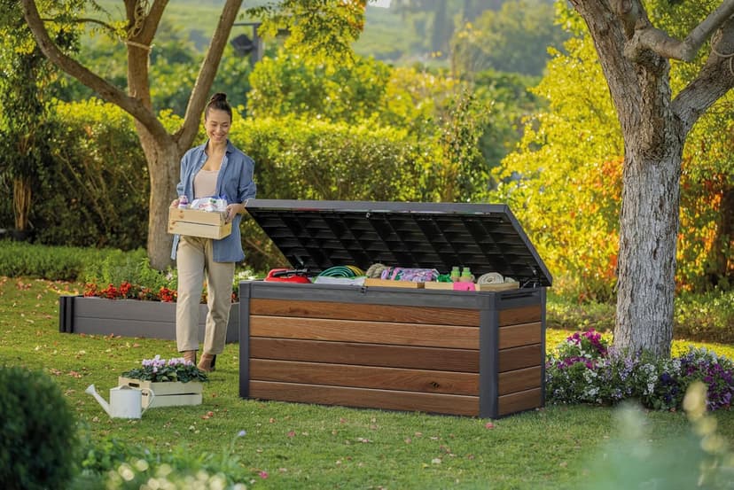 Keter Signature Collection 150 Gallon Resin Deck Box Organization and Storage Box for Patio Outdoor Cushions, Throw Pillows, Garden Tools and Pool Supplies, Walnut