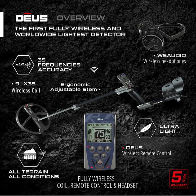 XP Metal Detectors Deus - with WSAUDIO Headphones & MI-6 Pinpointer - Weatherproof and Fully Wireless - 9" X35 Coil, Remote Control & S-Telescopic Stem (DEUS-22X35RCEA + WSAUDIO + MI-6)