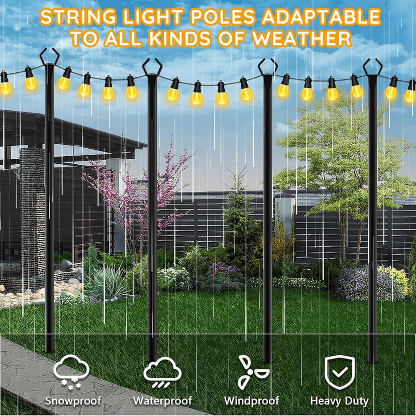 6 Pack String Light Poles, Outdoor String Light Pole 10ft Forked Metal Light Pole with Adjustable Outdoor Light Stand, Deck, Backyard, Garden, Wedding, Rustproof and Sturdy with Hooks