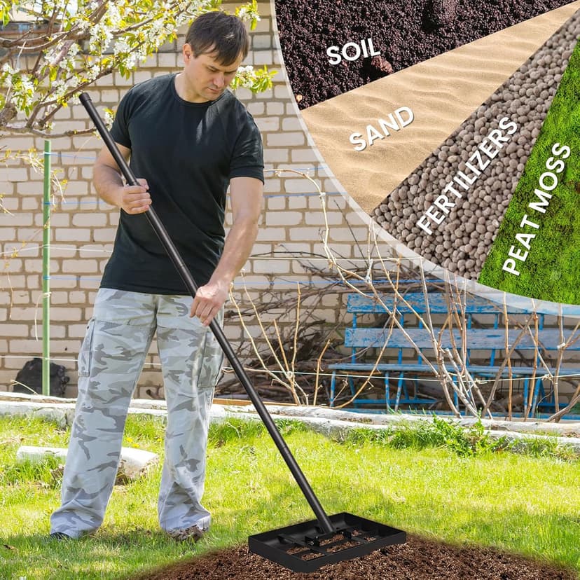 Lawn Leveling rake, 14.1"×9.8" Heavy Duty Lawn Leveling Rake, 38.4 to 74.9 Inches Adjustable Handle, Lawn Leveling Tool, Landscape Rake for Farm, Garden, Golf Course
