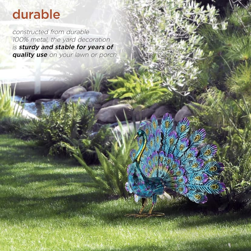 Alpine Corporation - 23" Tall Outdoor Metallic Peacock Tail Spread Yard Statue – Vibrant Garden Sculpture for Patio, Lawn, or Entryway (Multicolor)