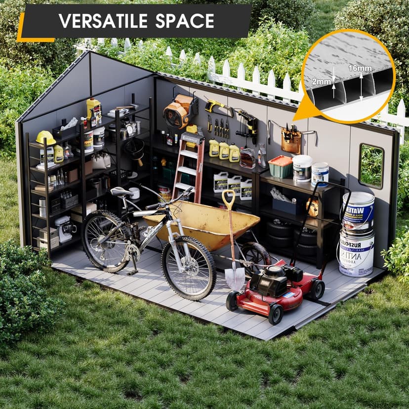 8 x 12 FT Resin Outdoor Storage Shed, All-Weather Plastic Garden Shed with Floor, Lockable Doors & Windows, Plastic Tool Shed for Poolside, Backyard, Patio