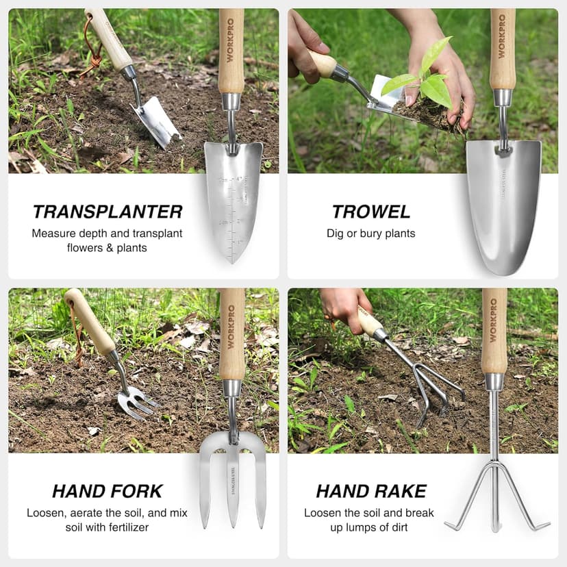 WORKPRO 8-Piece Pink Garden Tool Set, Stainless Steel Gardening Tools with Wood Handle, Including Garden Tote, Gloves, Trowel, Hand Weeder, Cultivator and More, Gardening Gifts For Women - Pink Ribbon