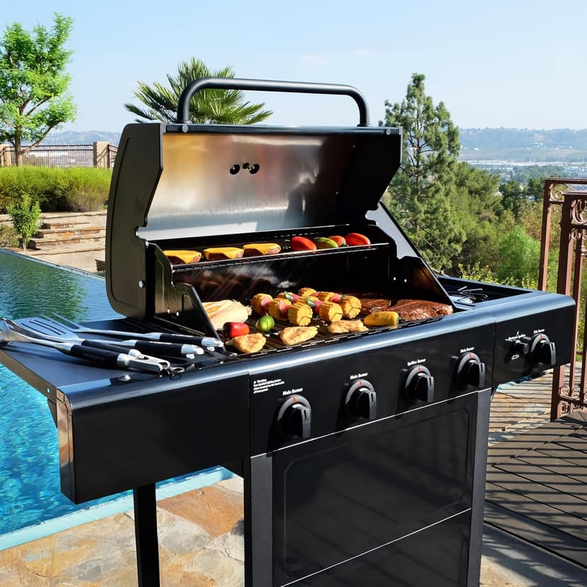 Kenmore 4-Burner Gas Grill with Side Burner, Outdoor BBQ Grill, Propane Gas Grill, Cast Iron Cooking Grates, Electronic Ignition, Warming Rack, 53000 BTUs, Black + Bonus Cover
