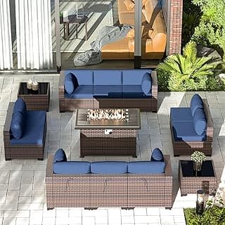 Gotland 13-Piece Large Outdoor Furniture Set - 10-Seater All-Weather Wicker Patio Conversation Set with 43'' Fire Pit Table, 2 Coffee Tables & Thick Navy Cushions