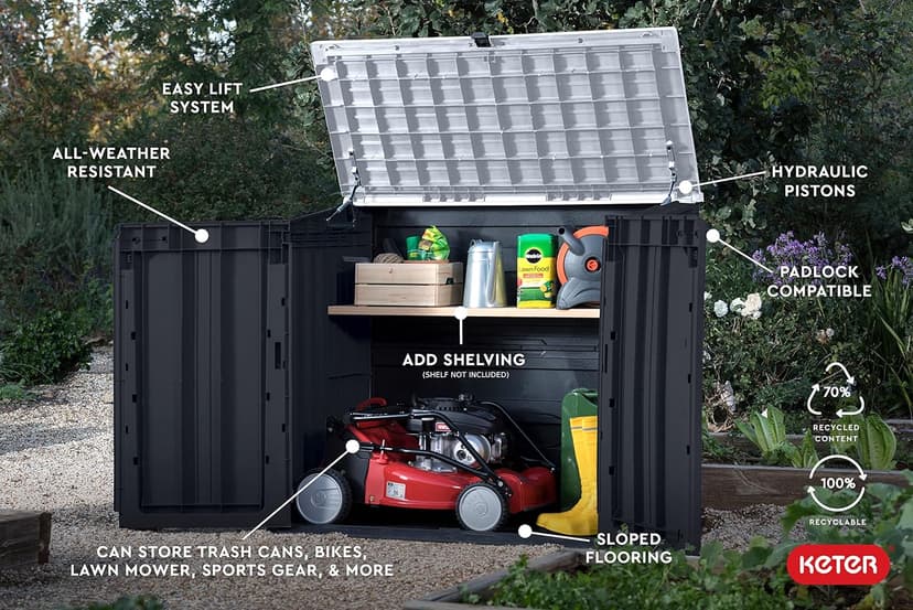 Keter Store-It-Out Prime 4.3 x 3.7 ft. Outdoor Resin Storage Shed with Easy Lift Hinges, Perfect for Yard Tools, Pool Floats and Garden Accessories, Black