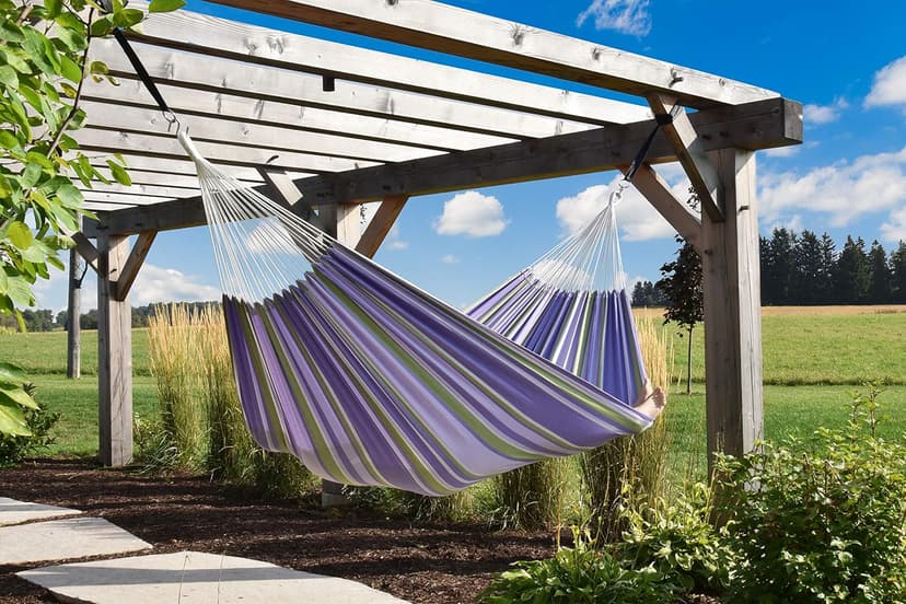 Vivere Brazilian Style Double Cotton Hammock with Polyester End Strings, 450 lb Weight Capacity (Tranquility)