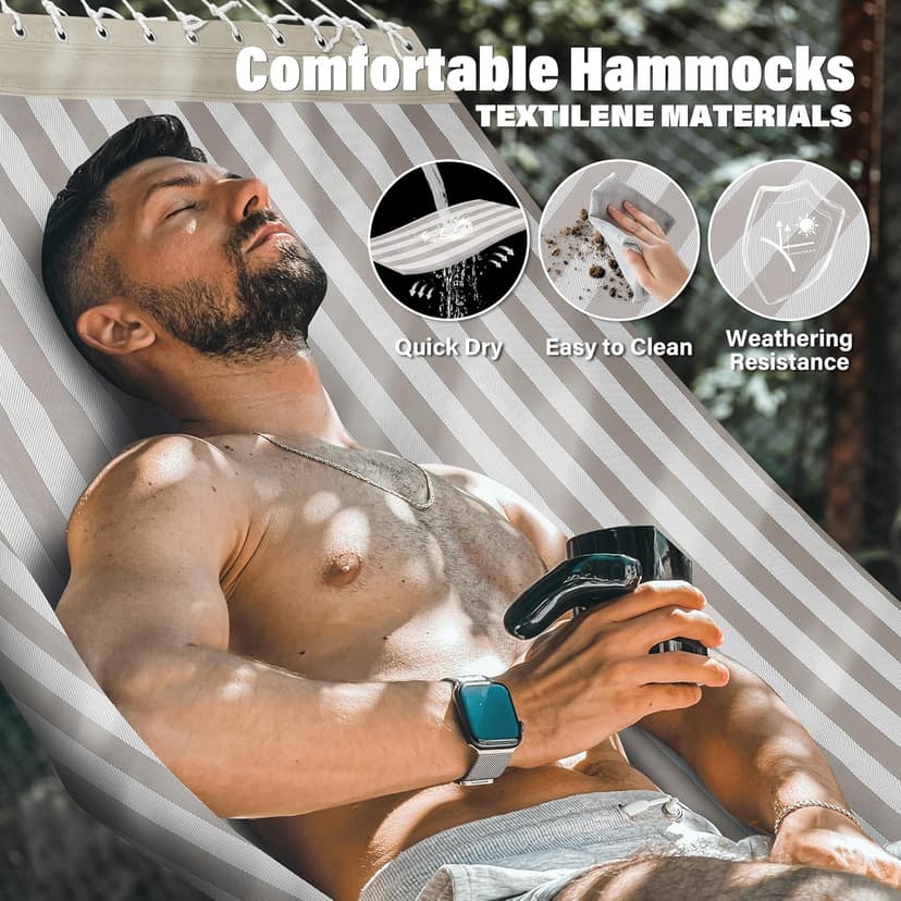 Patio Watcher 13 FT Quick Dry Textilene Hammock - Outdoor Double Hammock - Heavy Duty for Outside - 450 lbs Capacity - Beige White