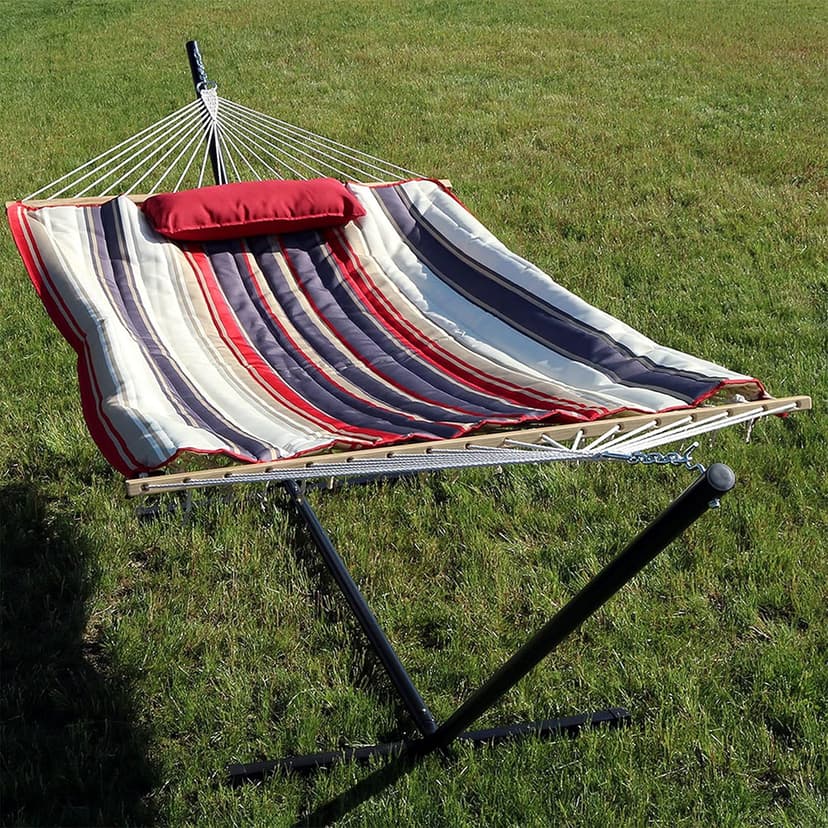 Sunnydaze Rope Hammock with Stand Combo - 275-Pound Capacity - Includes 12-Foot Hammock Stand, Spreader Bar, Pad, and Pillow - Modern Lines